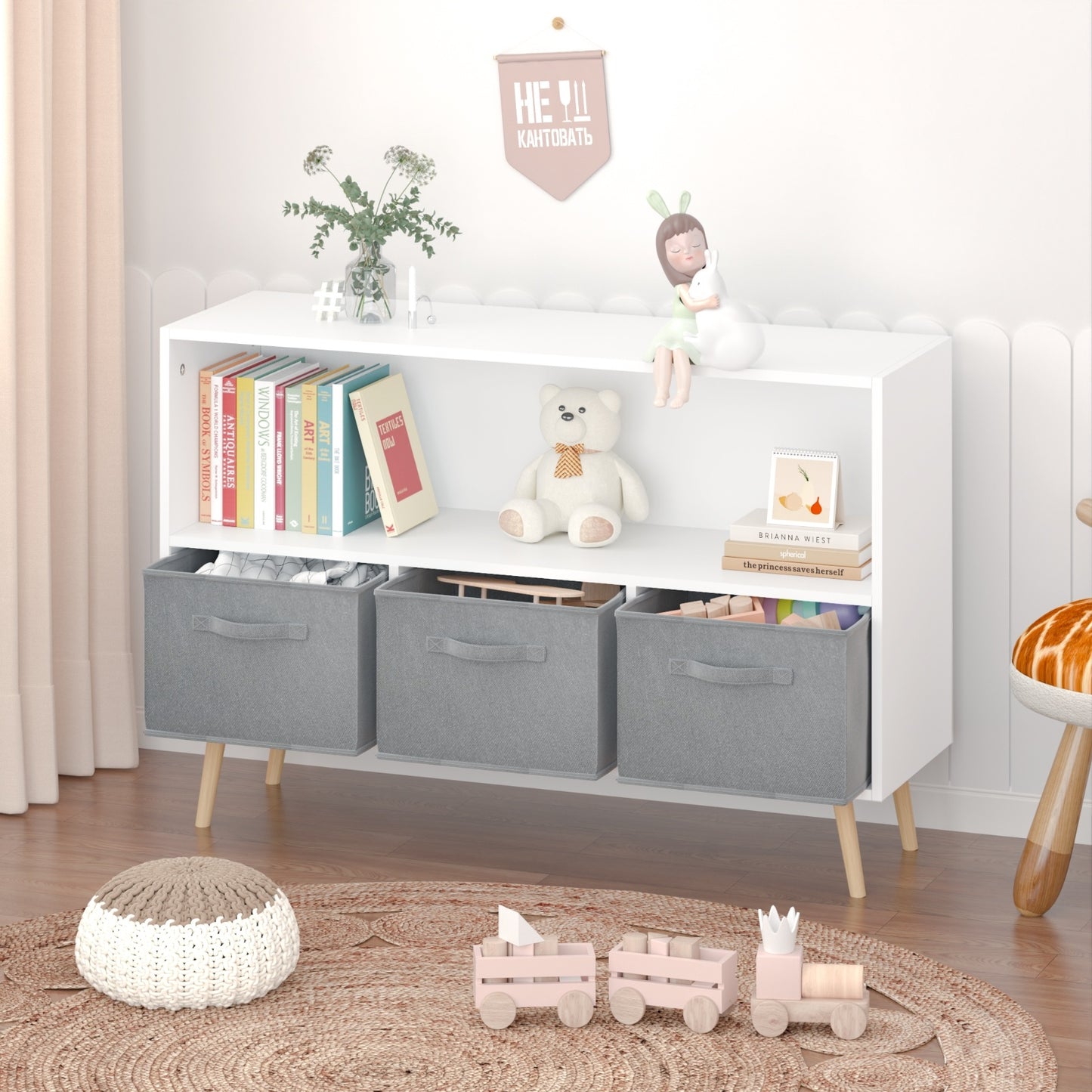 Kids Bookcase With Fabric Drawers, Children's Book Display & Toy Storage Cabinet