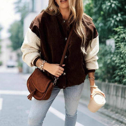 Color Matching Corduroy Women's Fashionable All-match Warm Single-breasted Jacket