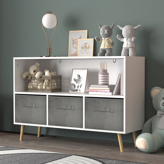 Kids Bookcase With Fabric Drawers, Children's Book Display & Toy Storage Cabinet