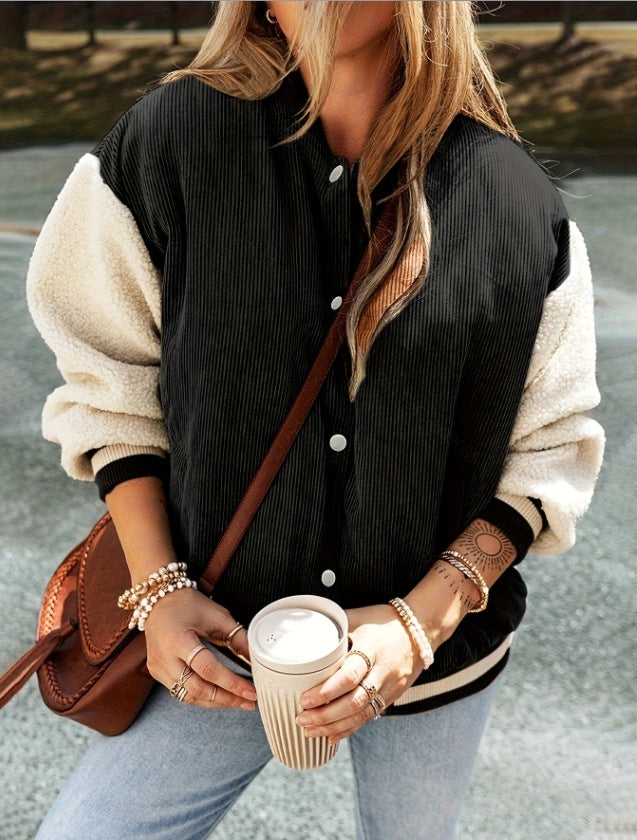 Color Matching Corduroy Women's Fashionable All-match Warm Single-breasted Jacket