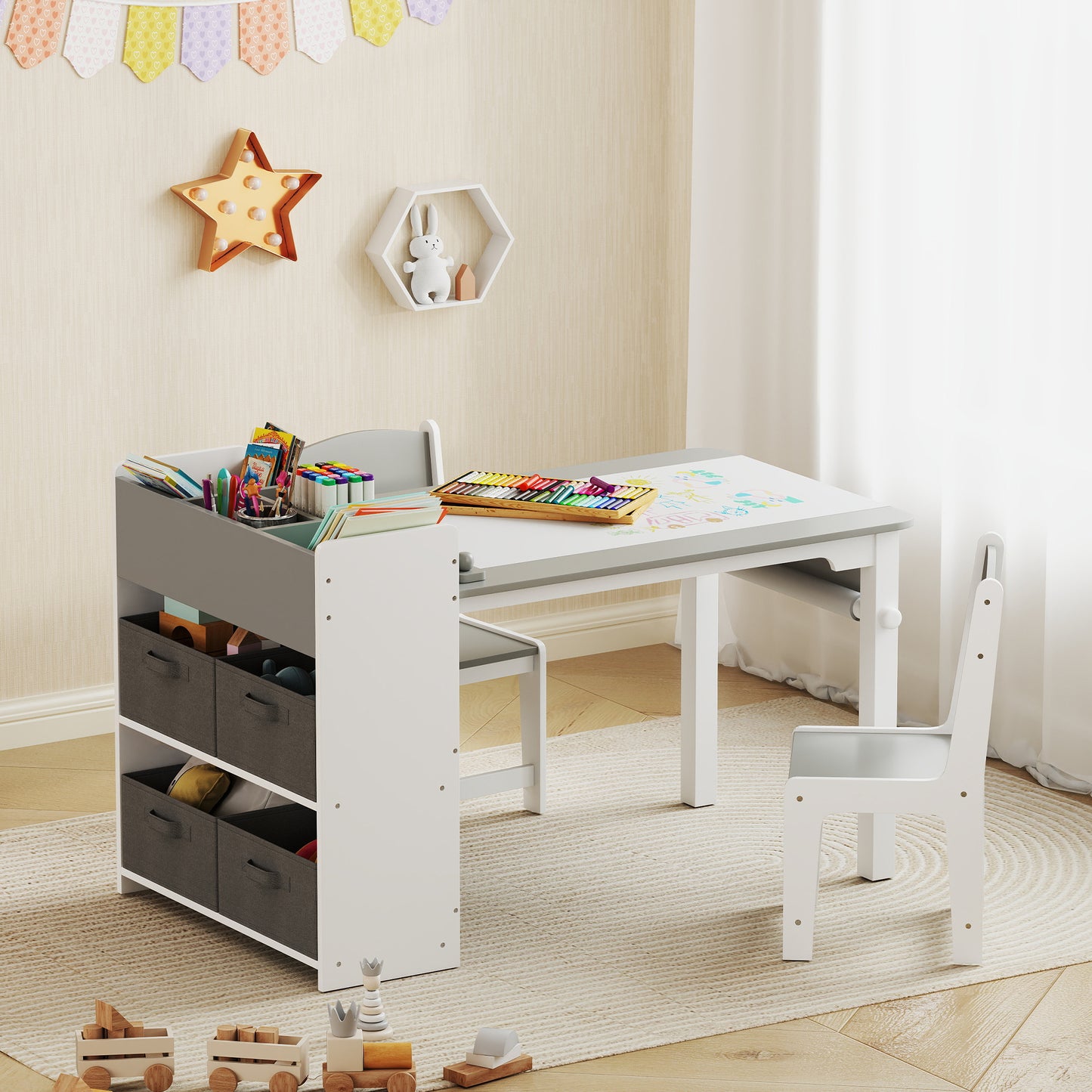 Kids Activity Craft Study Table with Storage Shelves &amp; Drawers – Gray