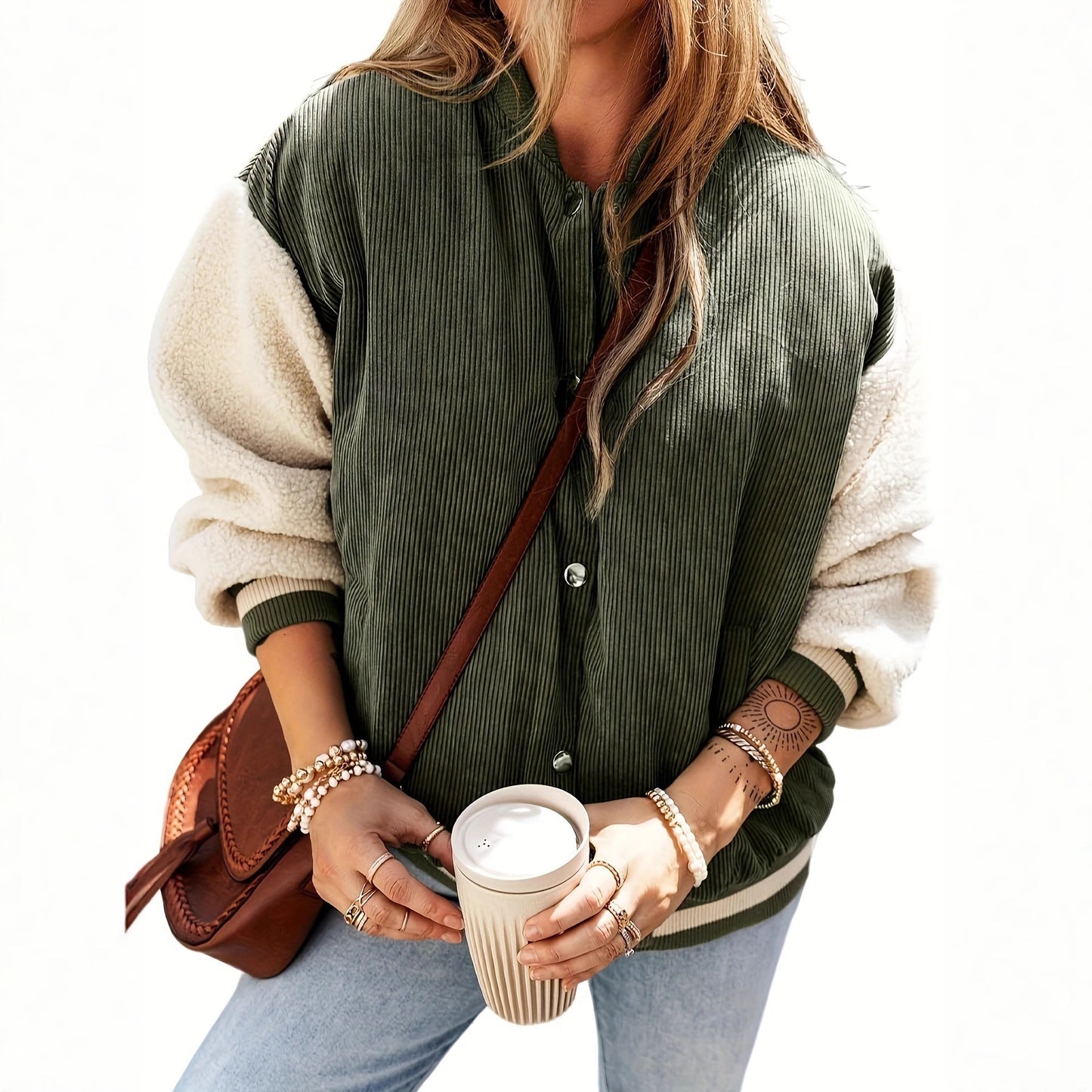 Color Matching Corduroy Women's Fashionable All-match Warm Single-breasted Jacket