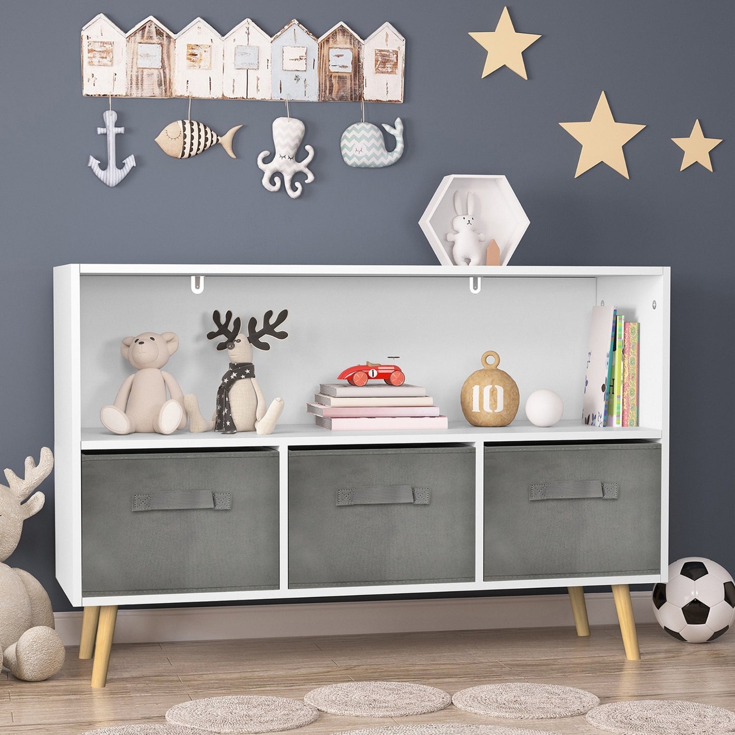 Kids Bookcase With Fabric Drawers, Children's Book Display & Toy Storage Cabinet